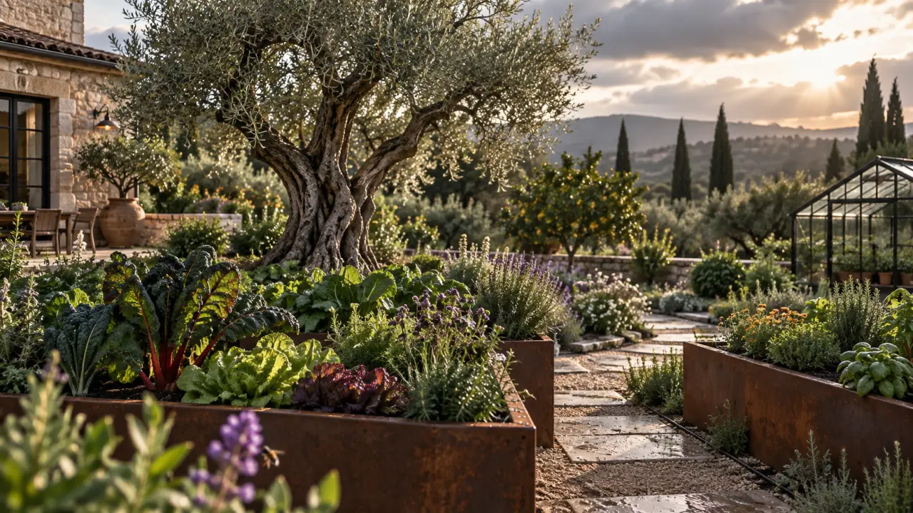 Olivier ancien au cœur d'un jardin nourricier élégant