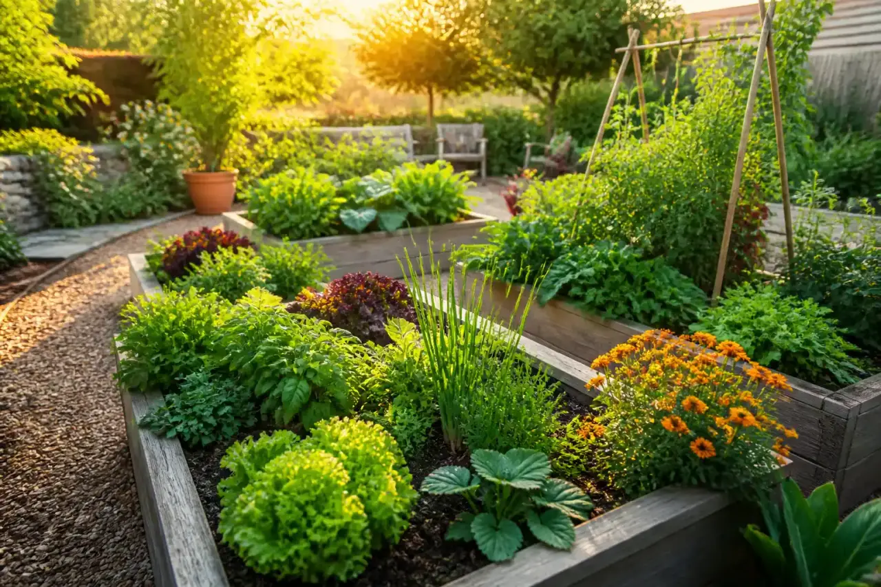 Jardin potager haut de gamme avec bacs en bois, herbes aromatiques et lumière dorée