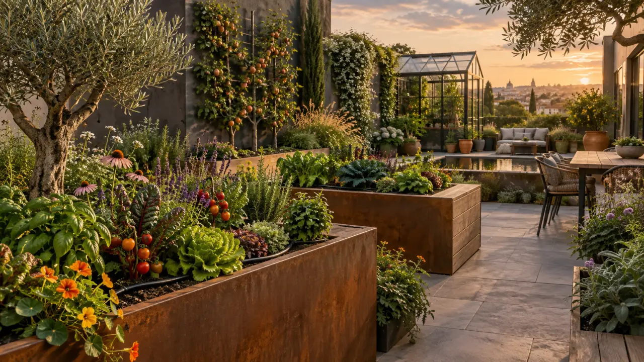 Jardin nourricier élégant avec bacs de culture, légumes et herbes aromatiques