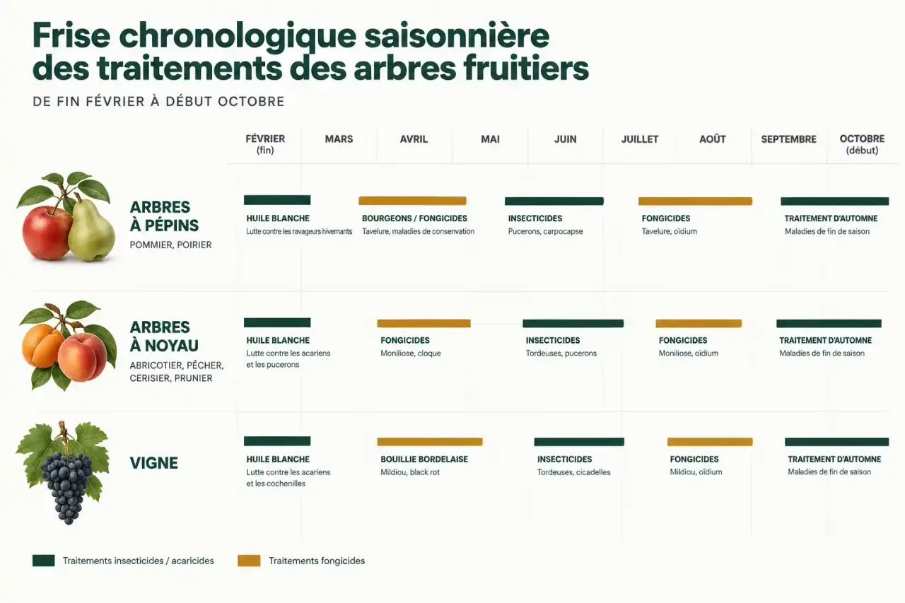 Calendrier visuel pour savoir quand traiter les arbres fruitiers selon les mois et le type d'arbre