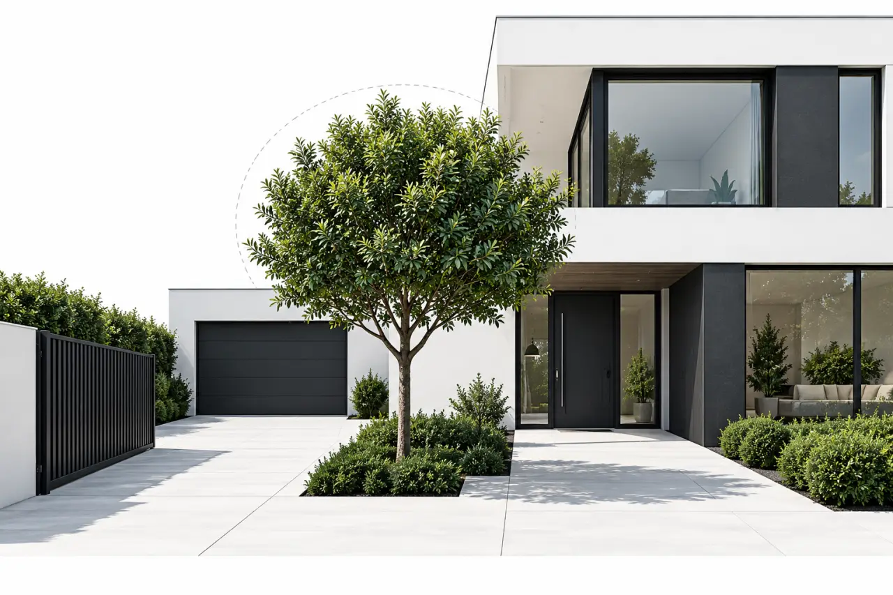 Arbre devant maison moderne avec couronne compacte et passage dégagé