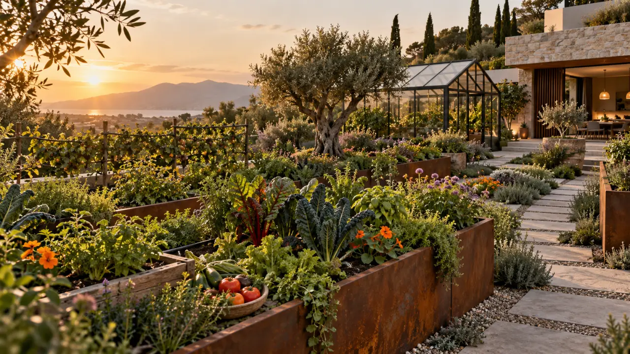 Jardin potager haut de gamme avec bacs en bois, légumes luxuriants et lumière dorée