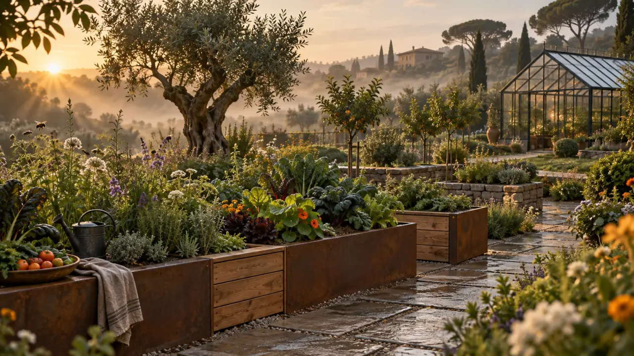 Jardin nourricier haut de gamme avec bacs en bois, légumes et herbes aromatiques