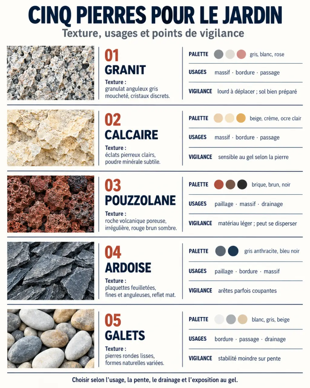 Infographie comparative des pierres de décoration jardin selon leur couleur, texture et usage
