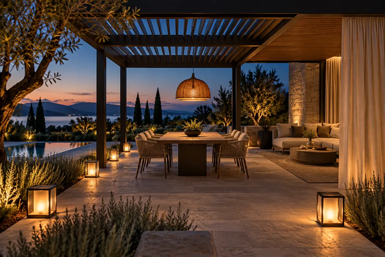Décoration pergola extérieur avec éclairage, rideaux et espace repas convivial