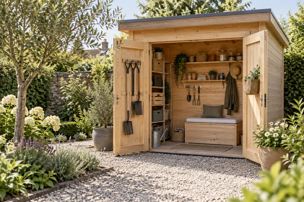 Un petit abri de jardin gagne du rangement sans alourdir l’extérieur