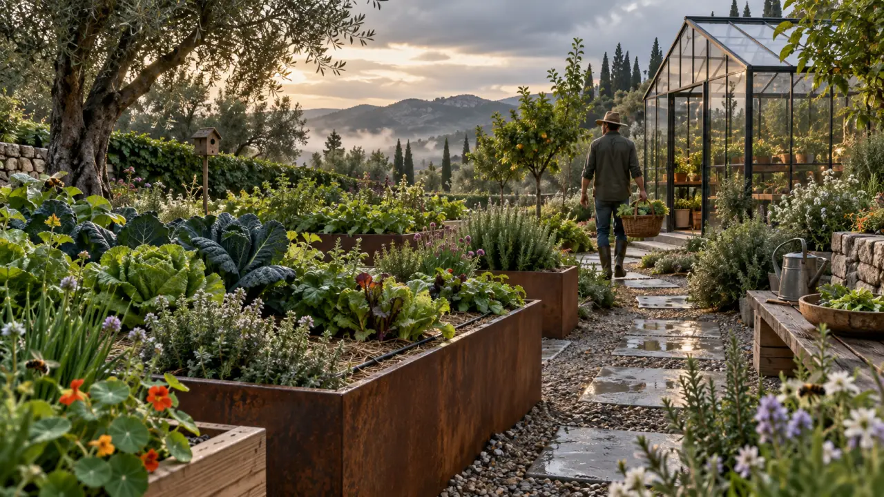 Jardin nourricier haut de gamme avec bacs de culture, aromatiques et légumes abondants