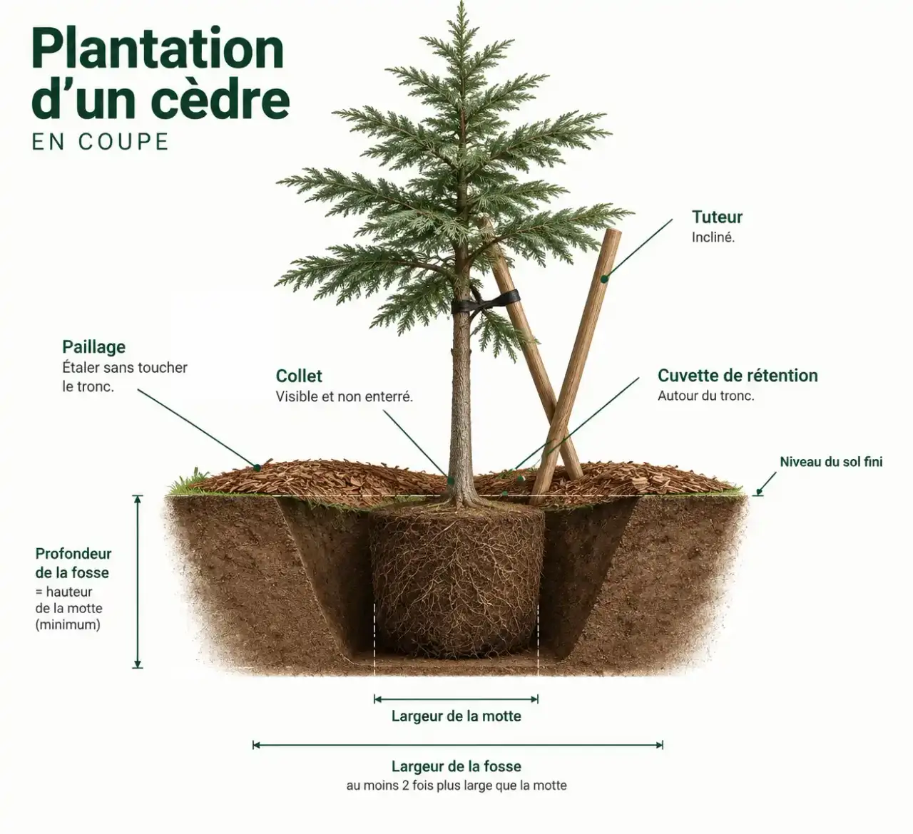 Schéma expliquant quand planter un cèdre et comment le positionner : fosse large, collet au niveau du sol, cuvette d'arrosage et paillage
