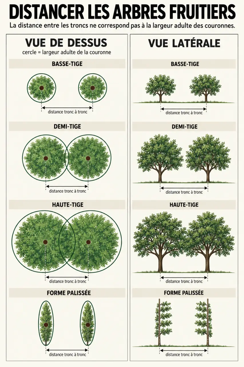 Distance entre 2 arbres fruitiers selon la forme de conduite et l’envergure adulte