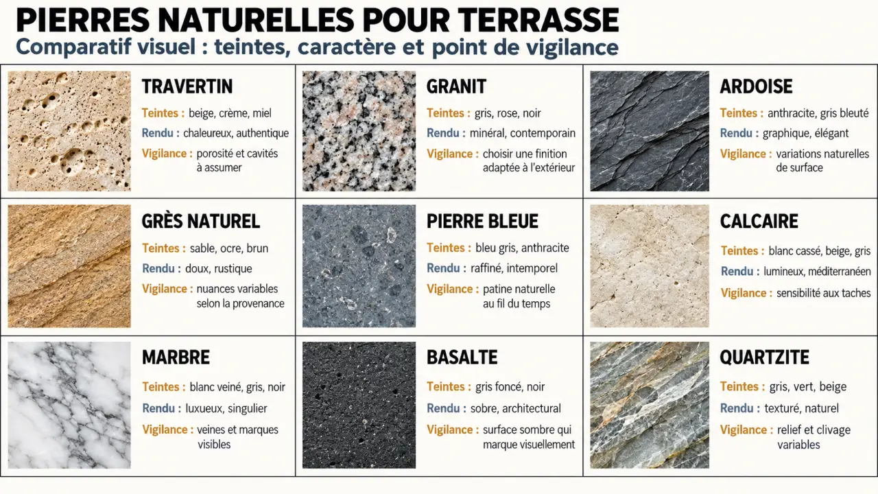 Infographie comparative des pierres pour terrasse extérieure : travertin, granit, ardoise, calcaire et autres matériaux