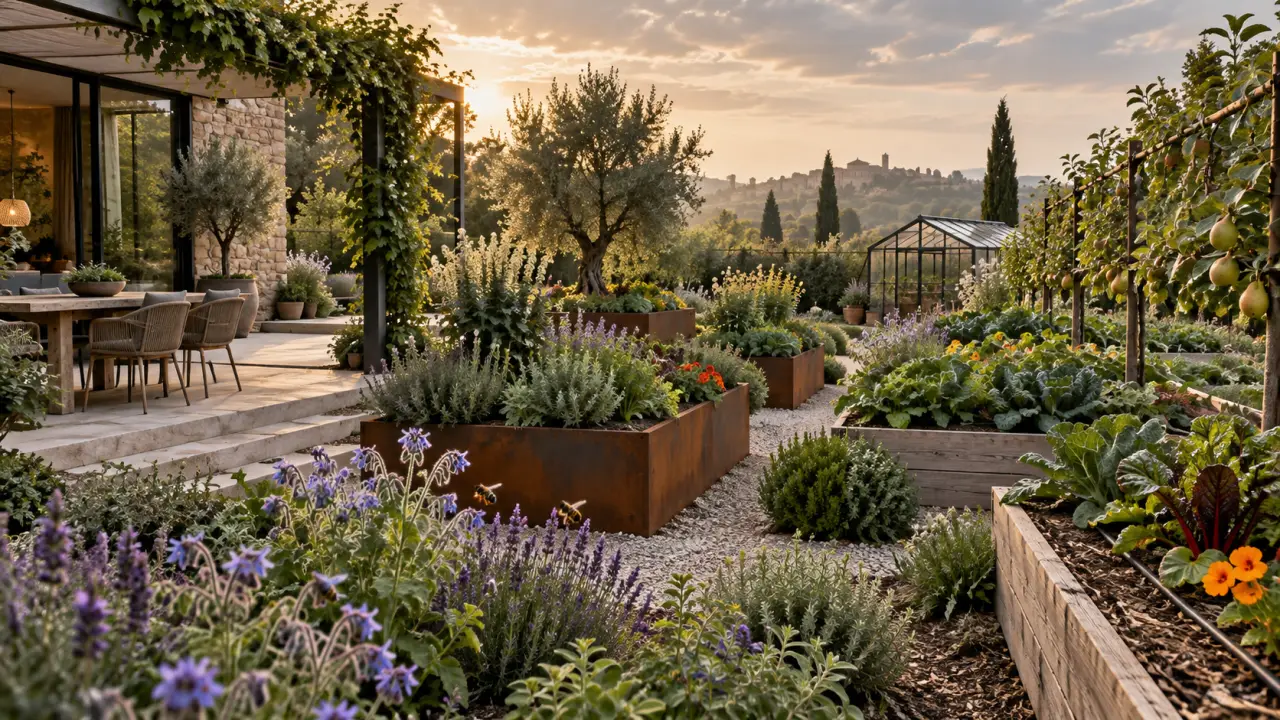 Jardin nourricier élégant avec bacs de culture, plantes aromatiques et arbres fruitiers
