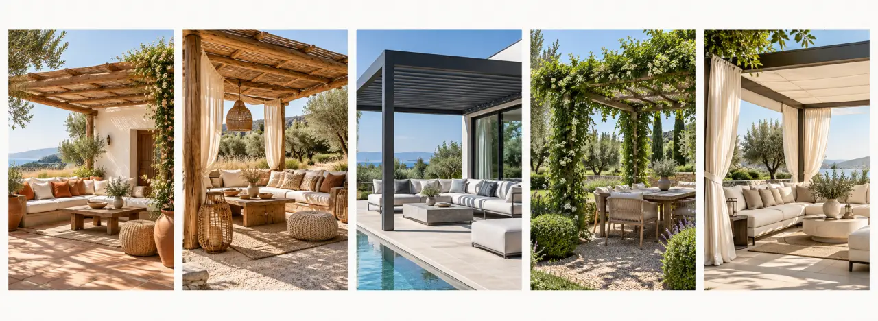 Idées de décoration pergola extérieur dans cinq styles : méditerranéen, bohème, contemporain, champêtre et chic