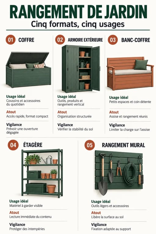 Infographie comparative des meubles de jardin rangement selon les usages