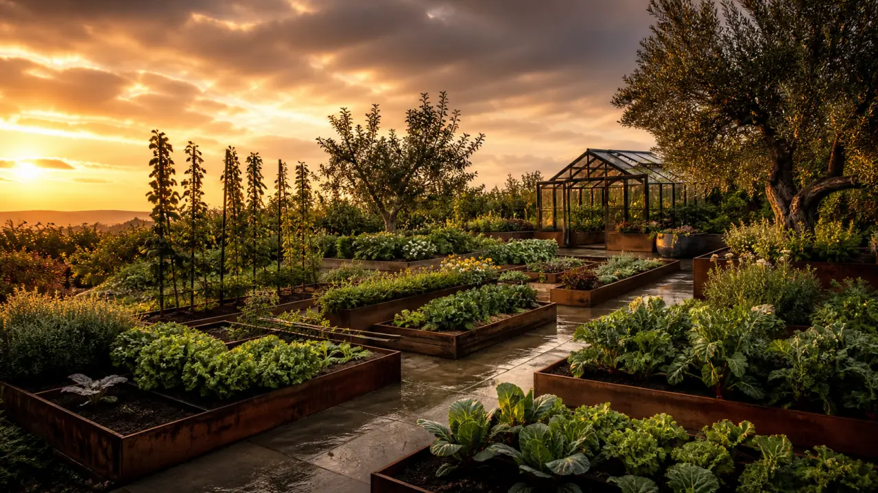 Jardin nourricier haut de gamme avec bacs élégants, herbes aromatiques et lumière dorée