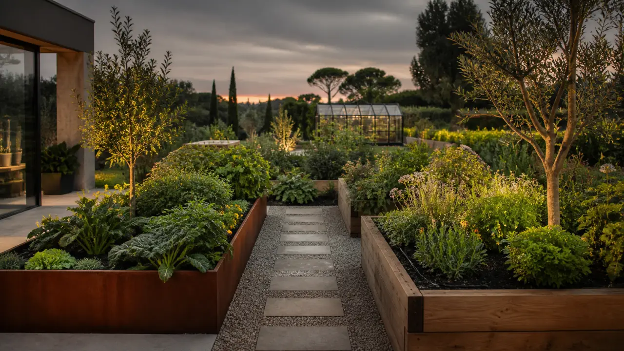 Jardin nourricier haut de gamme avec bacs élégants et végétation luxuriante
