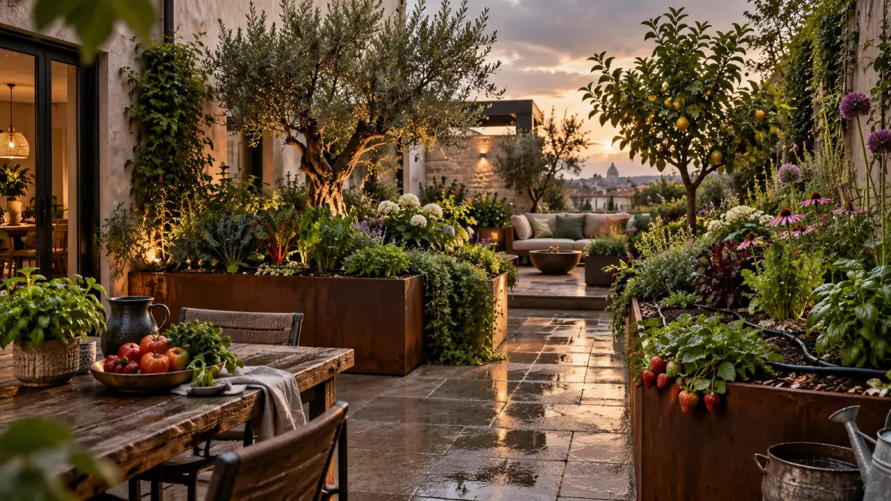 Patio urbain transformé en jardin nourricier élégant