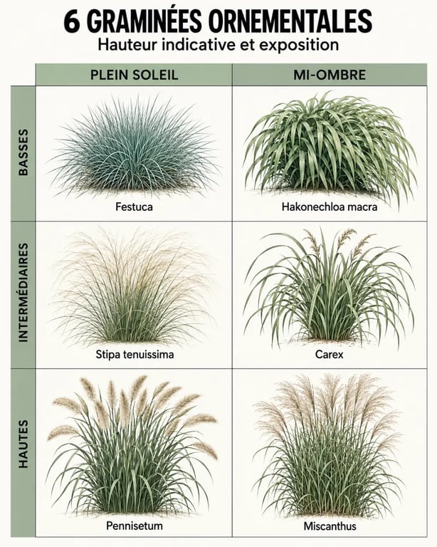Infographie comparative de plantes graminées extérieur selon la hauteur et l’exposition