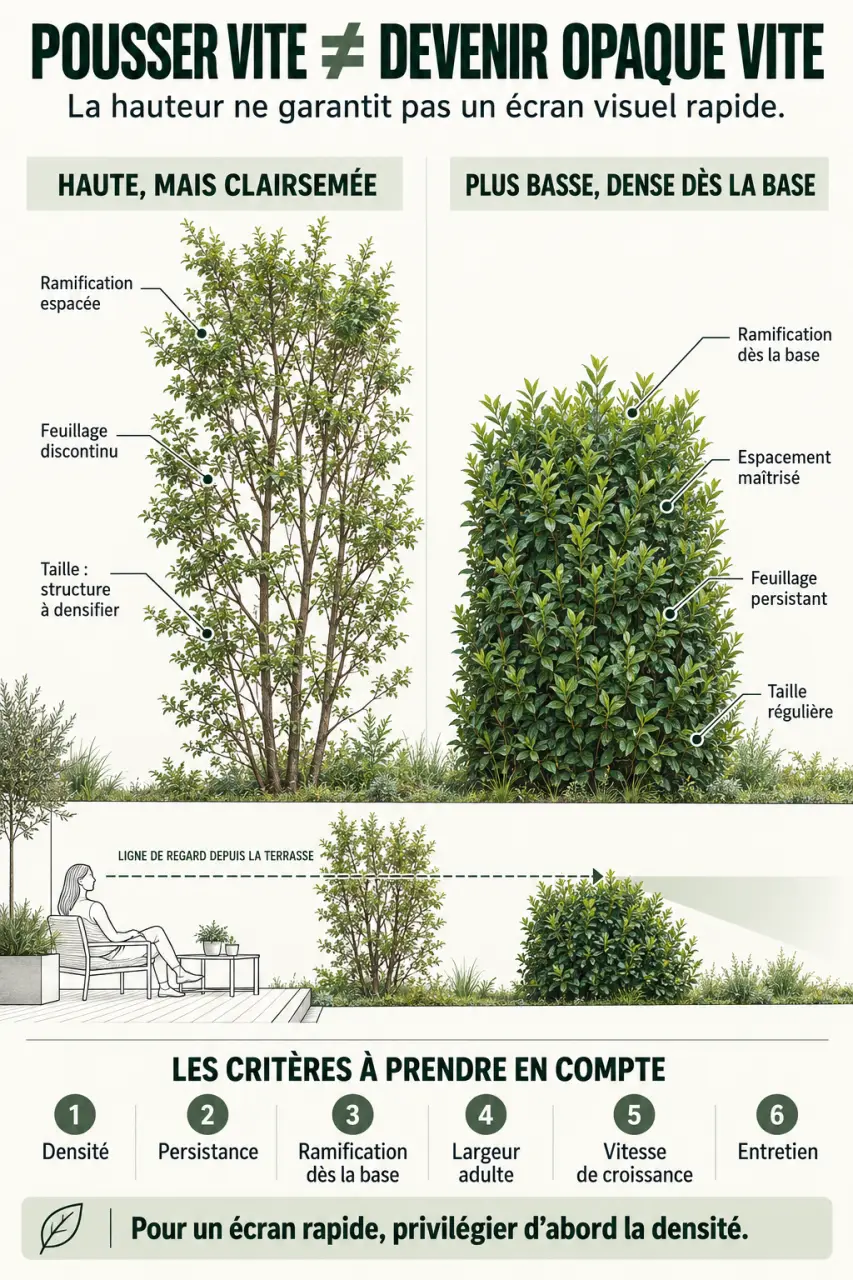 Infographie sur une haie qui pousse vite, la densité et l'occultation dès la base