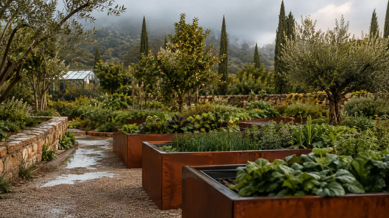 Jardin potager haut de gamme avec bacs élégants, herbes aromatiques et lumière dorée
