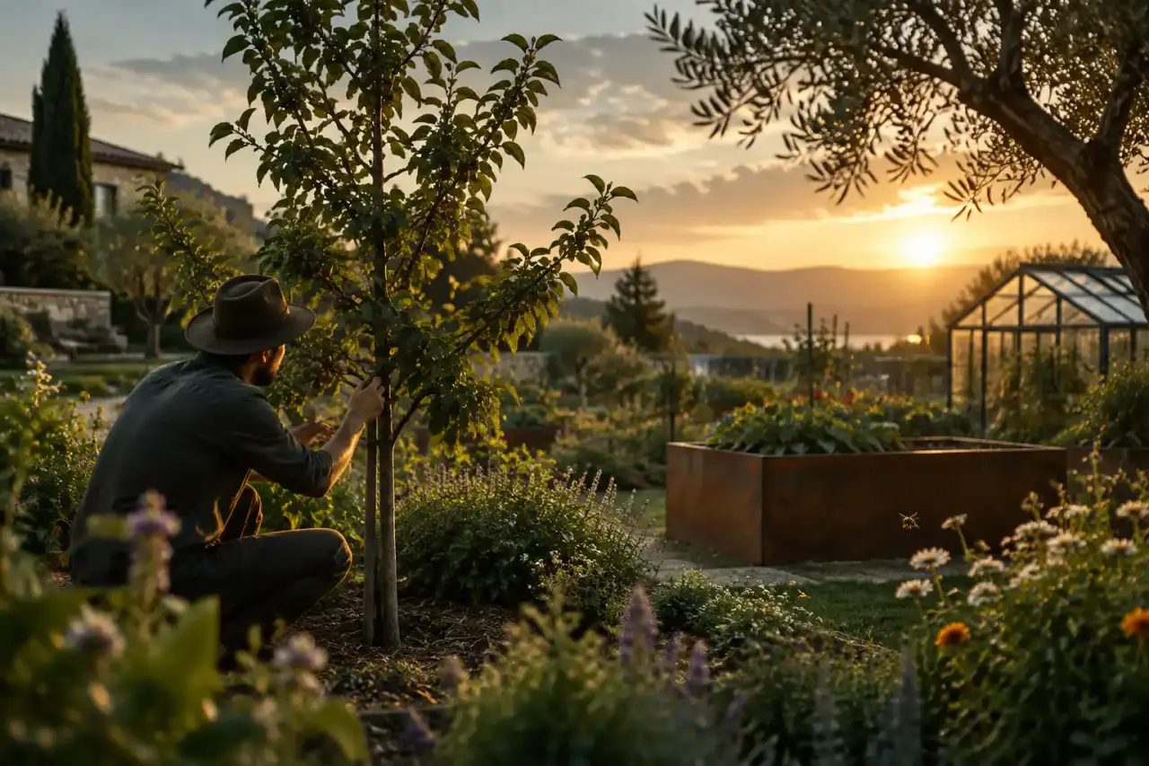 Jeunes arbres fruitiers plantés avec soin dans un jardin paysager haut de gamme