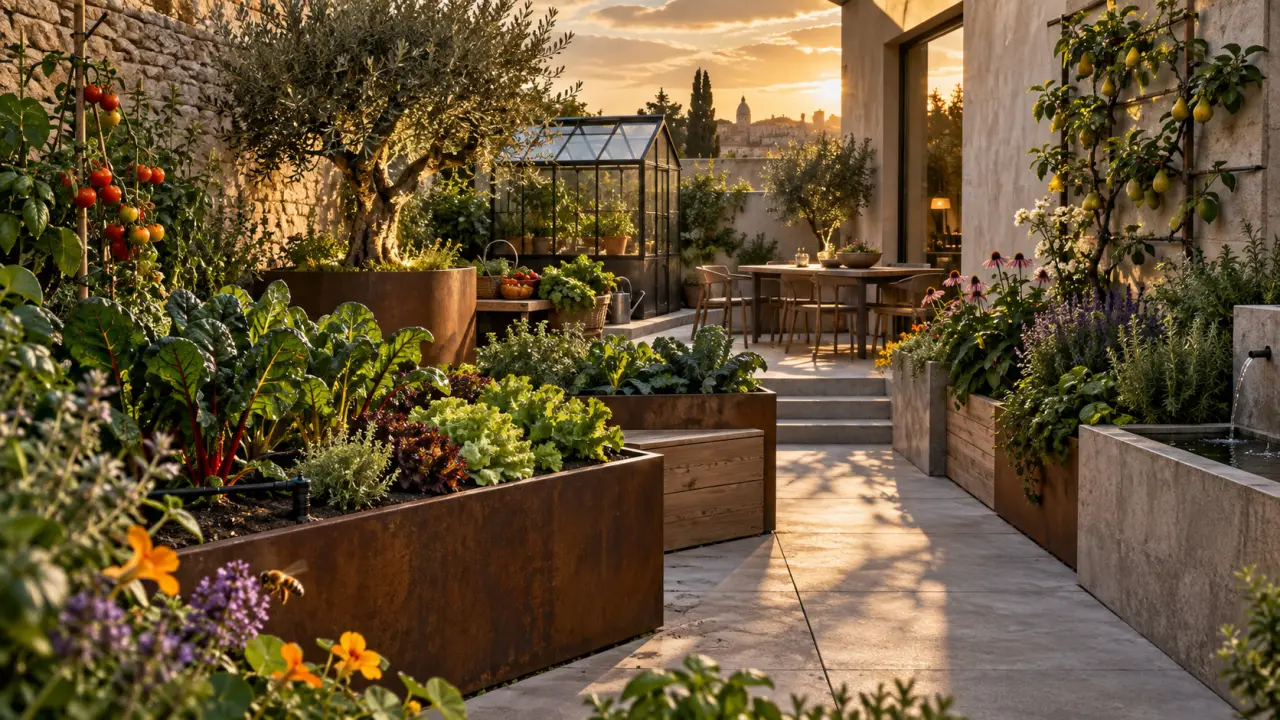 Patio contemporain transformé en jardin nourricier avec bacs en bois, plantes aromatiques et légumes