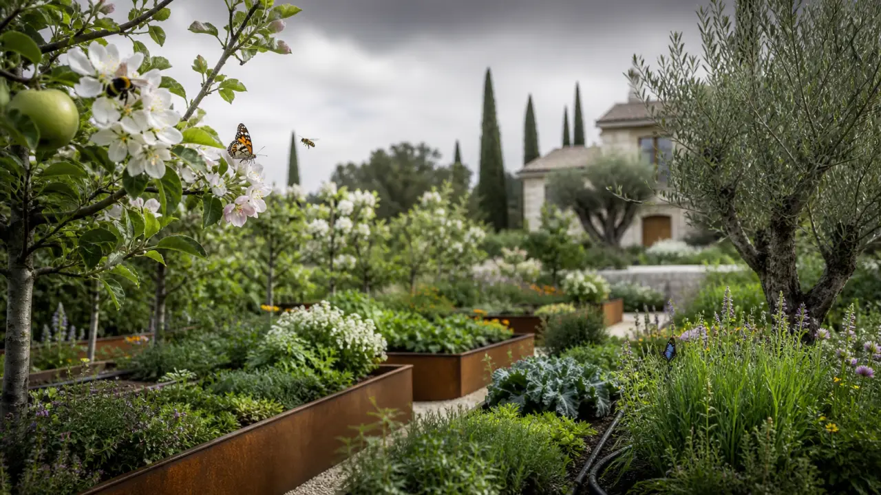 Jardin nourricier haut de gamme avec verger, bacs élégants et lumière dorée