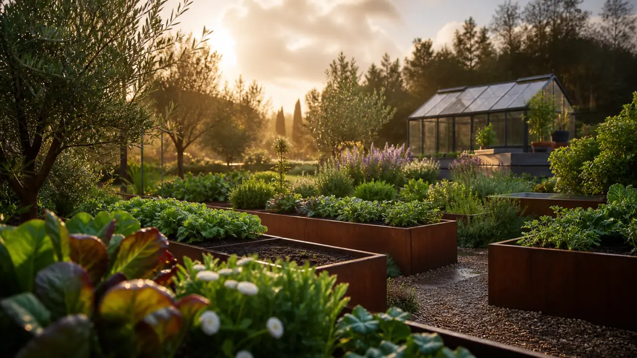 Jardin nourricier haut de gamme avec bacs élégants, herbes aromatiques et lumière dorée