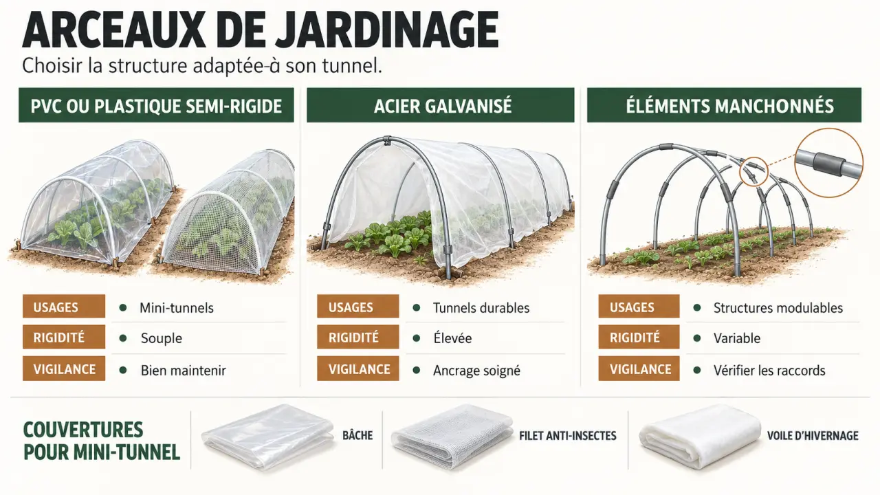 Infographie sur les arceaux jardinage en PVC, plastique et acier galvanisé