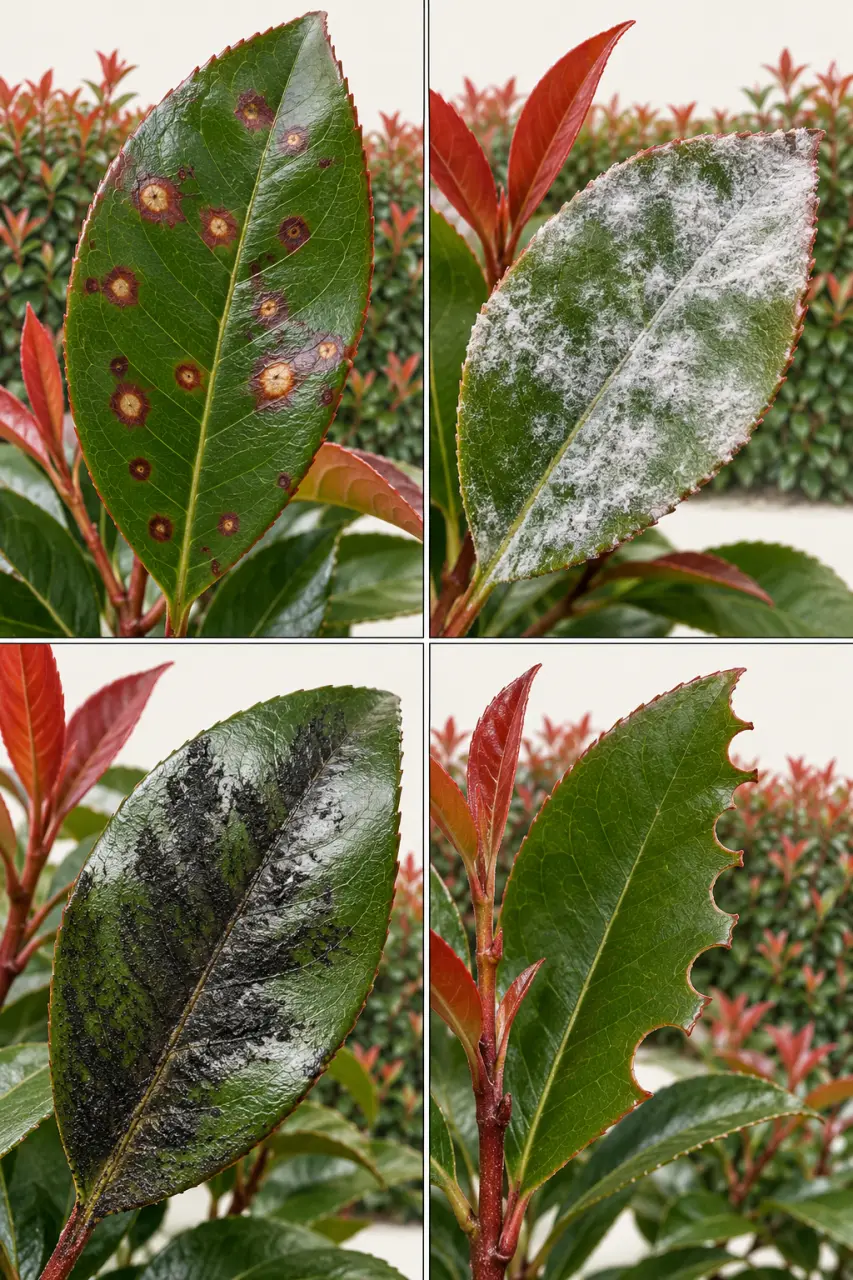 Photinia malade : gros plans de taches foliaires, oïdium, fumagine et dégâts d’otiorhynque