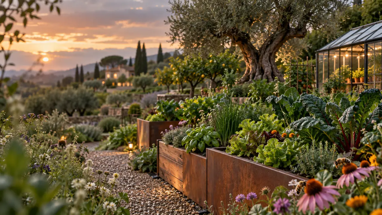 Jardin nourricier haut de gamme avec bacs en bois, légumes et herbes aromatiques